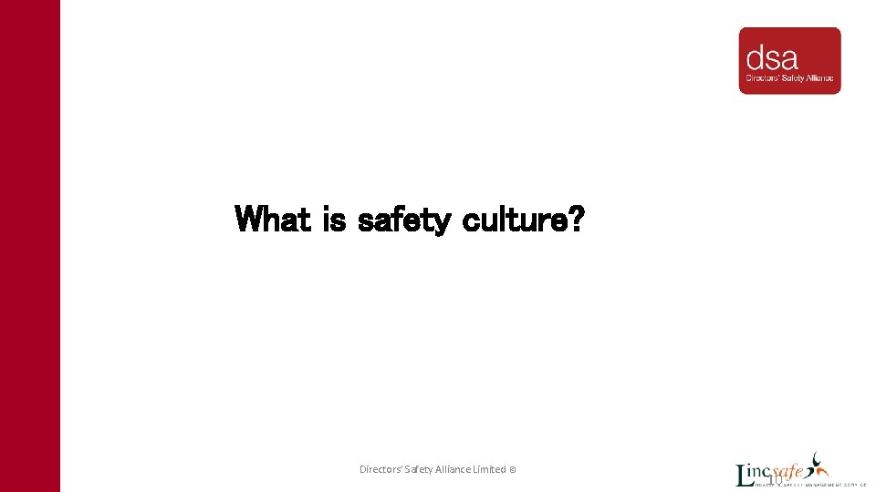 What is safety culture? Directors’ Safety Alliance Limited © 10 