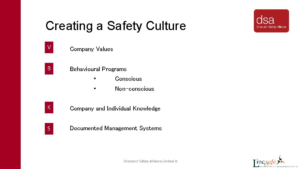 Creating a Safety Culture V Company Values B Behavioural Programs • Conscious • Non-conscious