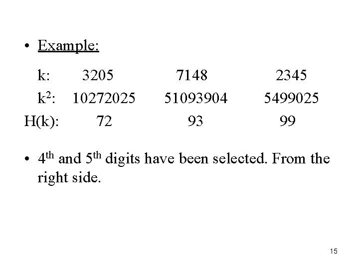  • Example: k: 3205 k 2: 10272025 H(k): 72 7148 51093904 93 2345