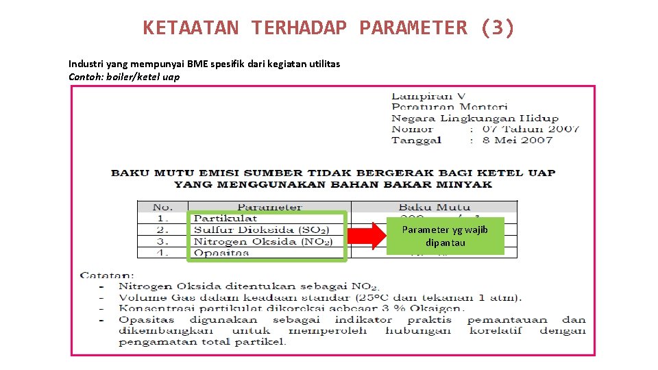 KETAATAN TERHADAP PARAMETER (3) Industri yang mempunyai BME spesifik dari kegiatan utilitas Contoh: boiler/ketel