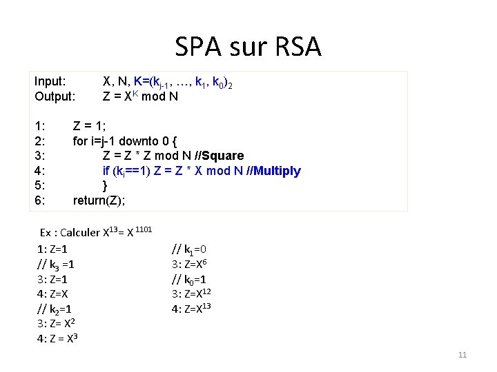 SPA sur RSA Input: Output: 1: 2: 3: 4: 5: 6: X, N, K=(kj-1,