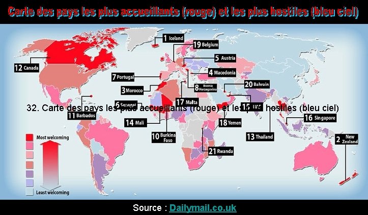 32. Carte des pays les plus accueillants (rouge) et les plus hostiles (bleu ciel)