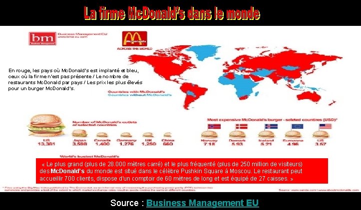 En rouge, les pays où Mc. Donald’s est implanté et bleu, ceux où la