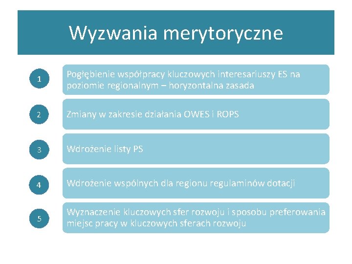 Wyzwania merytoryczne 1 Pogłębienie współpracy kluczowych interesariuszy ES na poziomie regionalnym – horyzontalna zasada