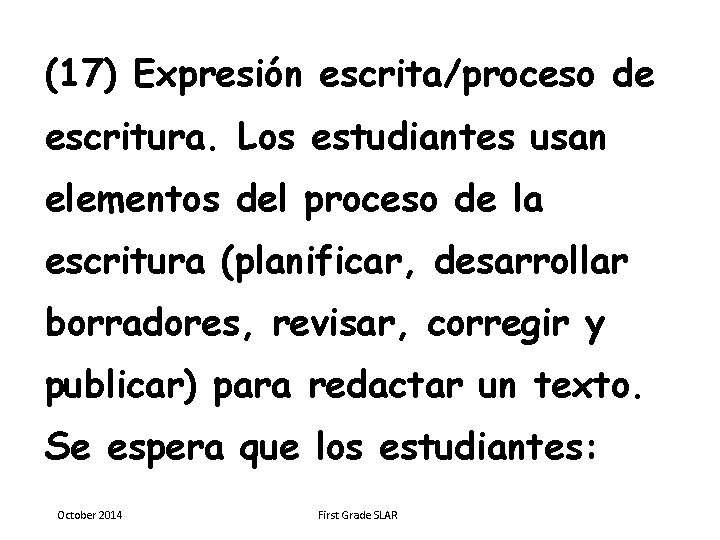 (17) Expresión escrita/proceso de escritura. Los estudiantes usan elementos del proceso de la escritura