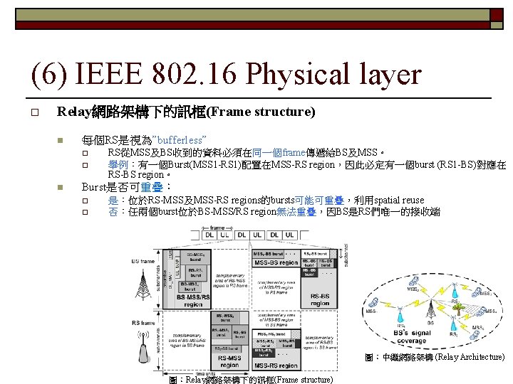 (6) IEEE 802. 16 Physical layer o Relay網路架構下的訊框(Frame structure) n 每個RS是視為”bufferless” o o n