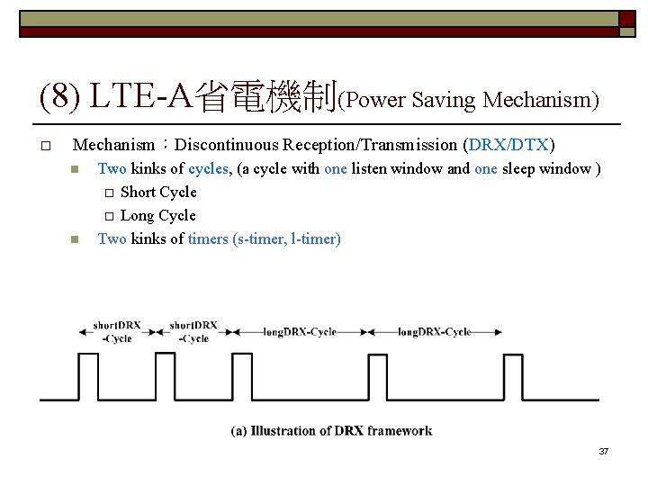 (8) LTE-A省電機制(Power Saving Mechanism) o Mechanism：Discontinuous Reception/Transmission (DRX/DTX) n n Two kinks of cycles,