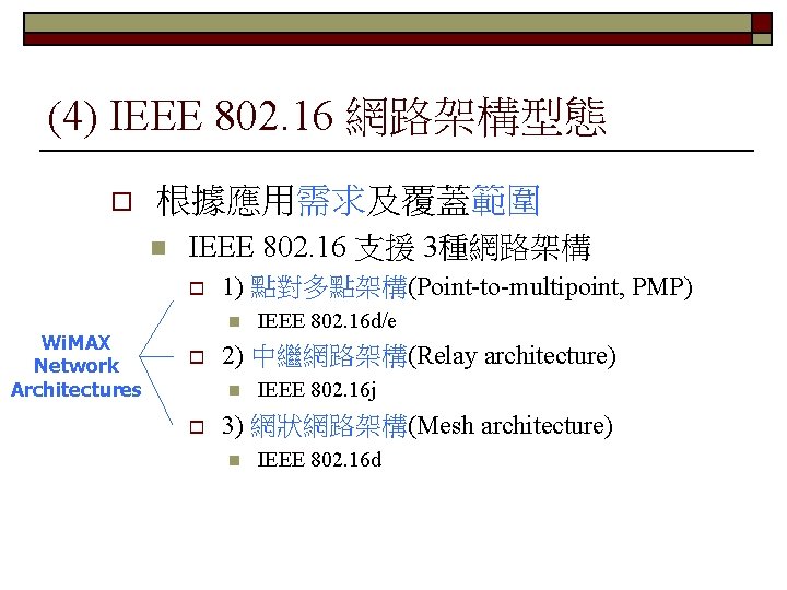 (4) IEEE 802. 16 網路架構型態 o 根據應用需求及覆蓋範圍 n IEEE 802. 16 支援 3種網路架構 o