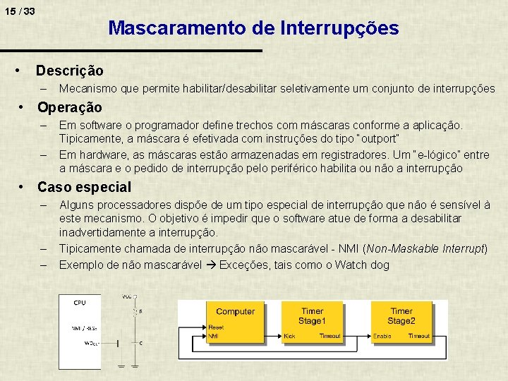 15 / 33 • Mascaramento de Interrupções Descrição – Mecanismo que permite habilitar/desabilitar seletivamente