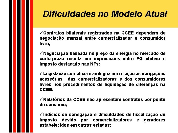 Dificuldades no Modelo Atual üContratos bilaterais registrados na CCEE dependem de negociação mensal entre