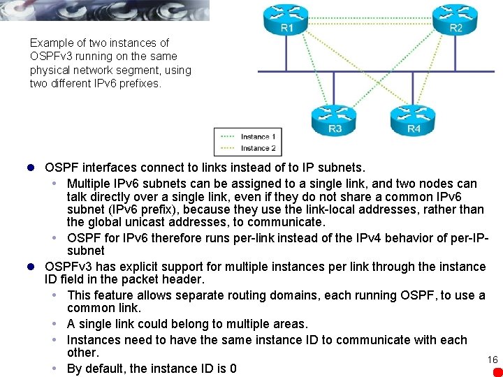 Example of two instances of OSPFv 3 running on the same physical network segment,