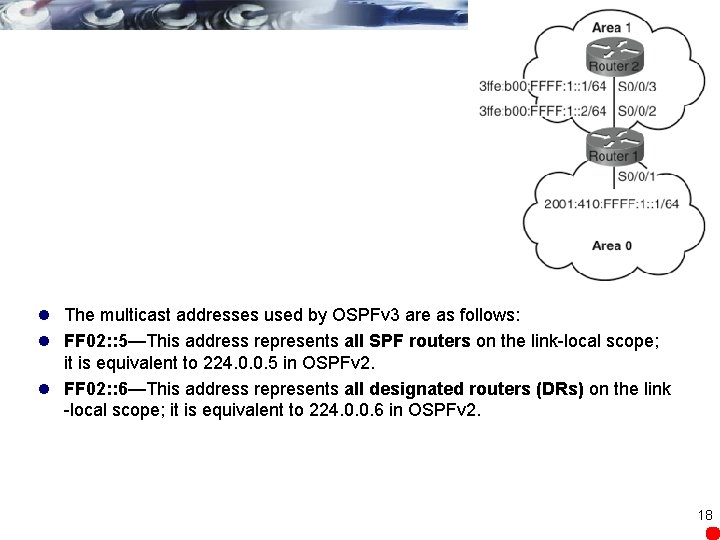 l The multicast addresses used by OSPFv 3 are as follows: l FF 02: