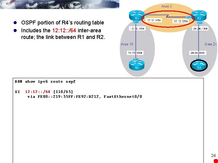 l OSPF portion of R 4’s routing table l Includes the 12: : /64