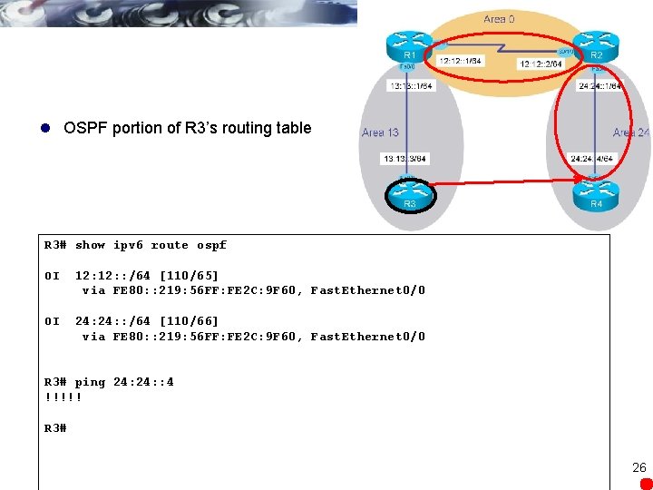 l OSPF portion of R 3’s routing table R 3# show ipv 6 route