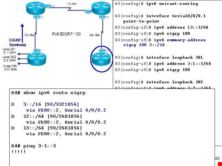 R 3(config)# ipv 6 unicast-routing EIGRP Summary R 3(config)# interface Serial 0/0/0. 1 point-to-point