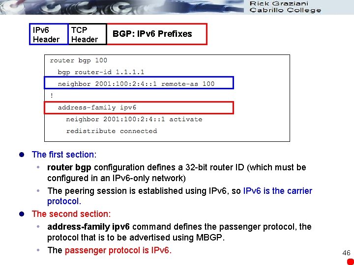 IPv 6 Header TCP Header BGP: IPv 6 Prefixes l The first section: router