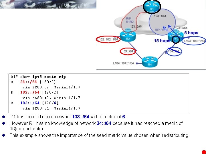 R 1# show ipv 6 route rip R 24: : /64 [120/2] via FE