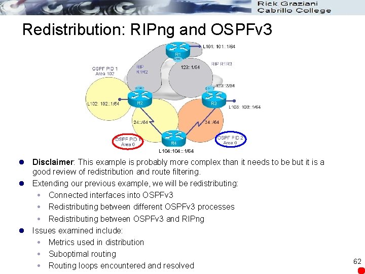 Redistribution: RIPng and OSPFv 3 L 104: : 1/64 l Disclaimer: This example is