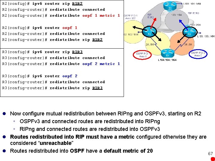 R 2(config)# ipv 6 router rip R 1 R 2 R 2(config-router)# redistribute connected