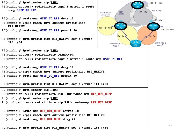 R 2(config)# ipv 6 router rip R 1 R 2 R 2(config-router)# redistribute ospf