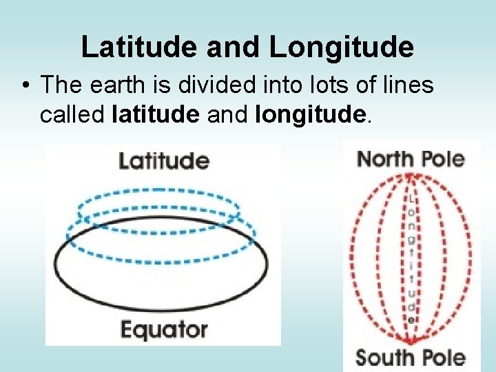 Latitude and Longitude • The earth is divided into lots of lines called latitude