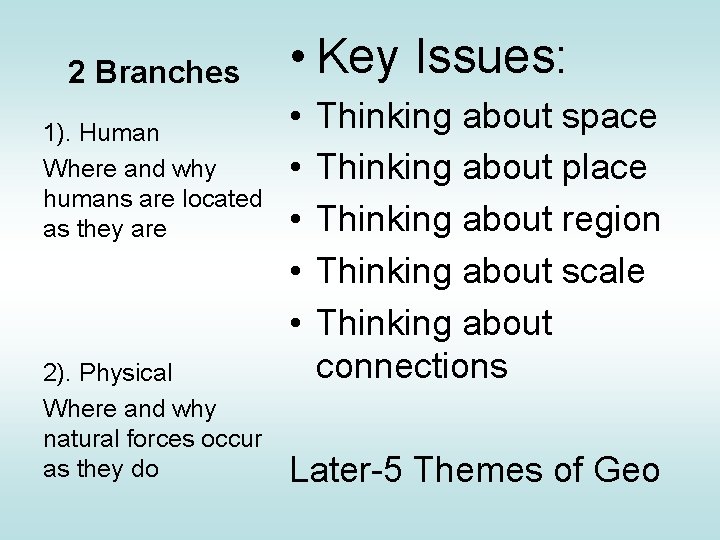 2 Branches 1). Human Where and why humans are located as they are 2).