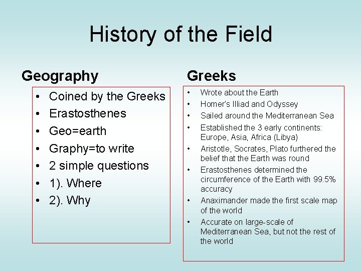 History of the Field Geography • • Coined by the Greeks Erastosthenes Geo=earth Graphy=to