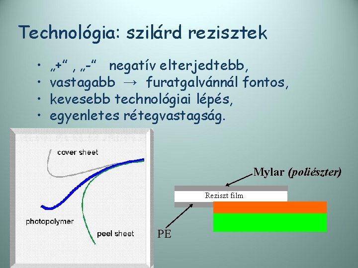 Technológia: szilárd rezisztek • • „+” , „-” negatív elterjedtebb, vastagabb → furatgalvánnál fontos,