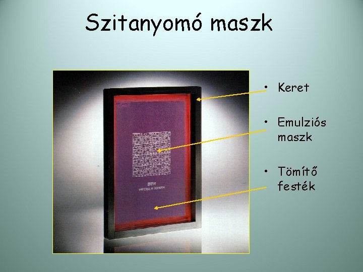 Szitanyomó maszk • Keret • Emulziós maszk • Tömítő festék 