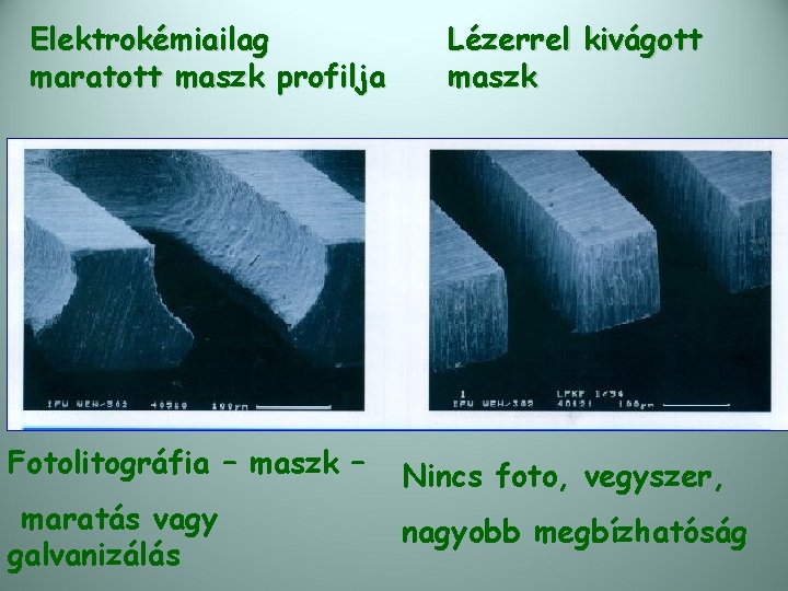 Elektrokémiailag maratott maszk profilja Fotolitográfia – maszk – maratás vagy galvanizálás Lézerrel kivágott maszk