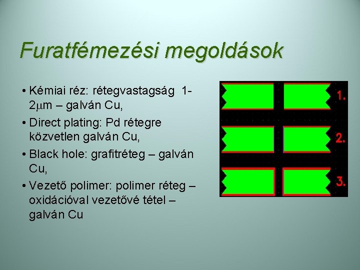 Furatfémezési megoldások • Kémiai réz: rétegvastagság 12 m – galván Cu, • Direct plating: