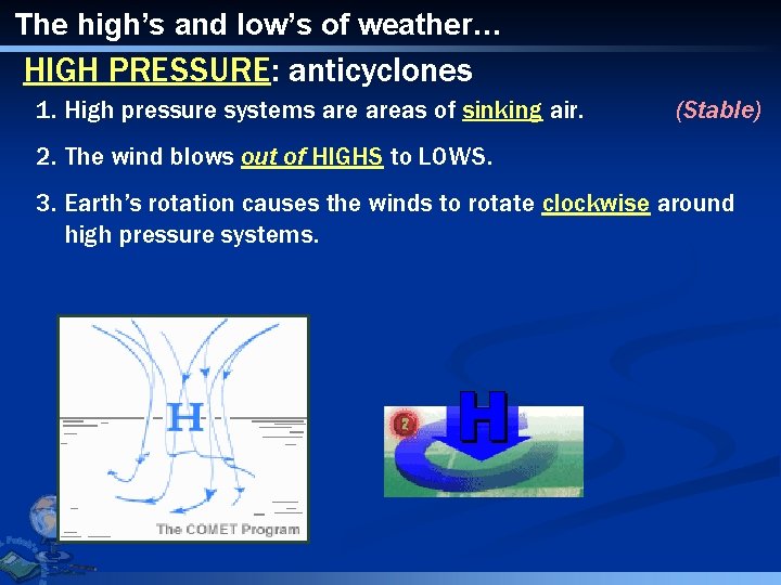 The high’s and low’s of weather… HIGH PRESSURE: anticyclones 1. High pressure systems areas
