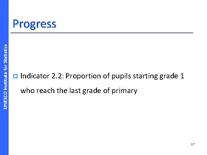 UNESCO Institute for Statistics Progress p Indicator 2. 2: Proportion of pupils starting grade