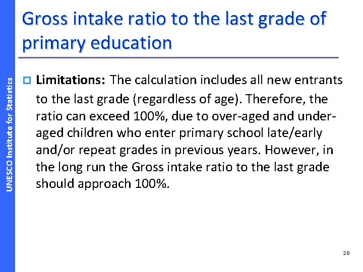 UNESCO Institute for Statistics Gross intake ratio to the last grade of primary education