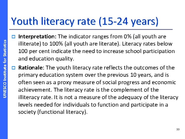 Youth literacy rate (15 -24 years) UNESCO Institute for Statistics p p Interpretation: The