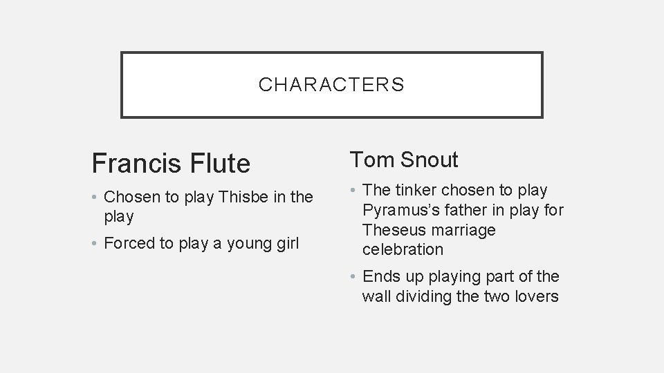 CHARACTERS Francis Flute Tom Snout • Chosen to play Thisbe in the play •