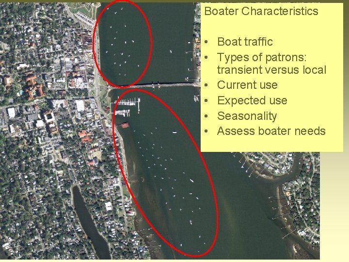 Boater Characteristics • Boat traffic • Types of patrons: transient versus local • Current