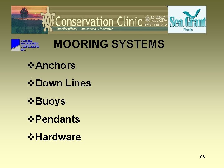 COASTAL ENGINEERING CONSULTANTS INC. MOORING SYSTEMS v. Anchors v. Down Lines v. Buoys v.