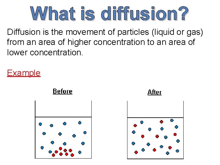 What is diffusion? Diffusion is the movement of particles (liquid or gas) from an