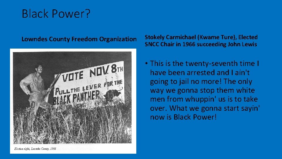 Black Power? Lowndes County Freedom Organization Stokely Carmichael (Kwame Ture), Elected SNCC Chair in Black Power? Lowndes County Freedom Organization Stokely Carmichael (Kwame Ture), Elected SNCC Chair in