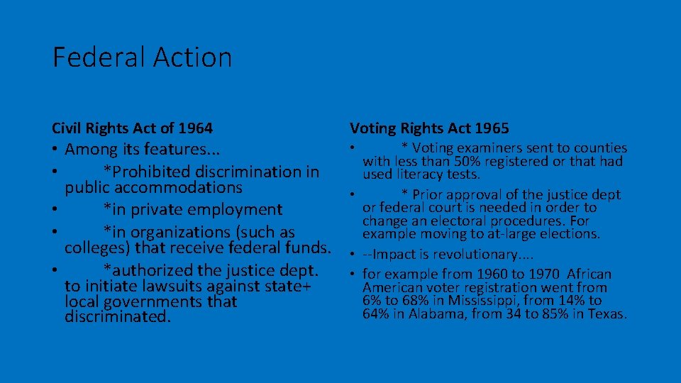 Federal Action Civil Rights Act of 1964 • Among its features. . . • Federal Action Civil Rights Act of 1964 • Among its features. . . •