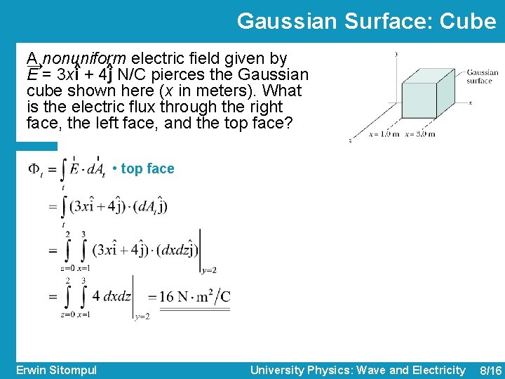 Gaussian Surface: Cube A electric field given by →nonuniform ^ ^ E = 3 Gaussian Surface: Cube A electric field given by →nonuniform ^ ^ E = 3