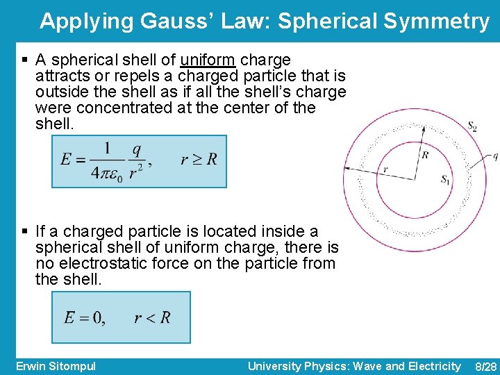 Applying Gauss’ Law: Spherical Symmetry § A spherical shell of uniform charge attracts or Applying Gauss’ Law: Spherical Symmetry § A spherical shell of uniform charge attracts or