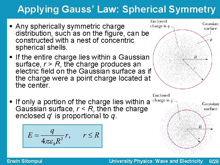 Applying Gauss’ Law: Spherical Symmetry § Any spherically symmetric charge distribution, such as on Applying Gauss’ Law: Spherical Symmetry § Any spherically symmetric charge distribution, such as on