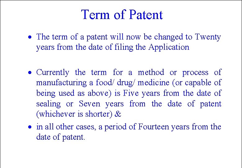 Term of Patent · The term of a patent will now be changed to