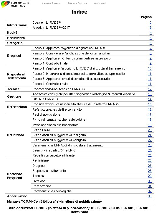 LI-RADS® v 2017 CT/MRI Core Diagnostic Algorithm Treatment Response Last Viewed Indice Pagine Introduzione