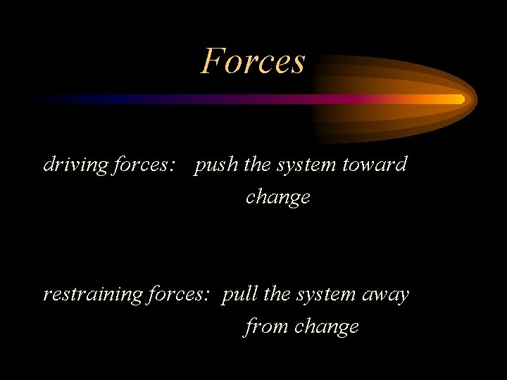 Forces driving forces: push the system toward change restraining forces: pull the system away