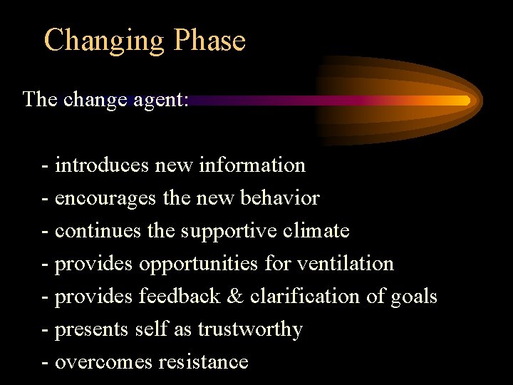 Changing Phase The change agent: - introduces new information - encourages the new behavior