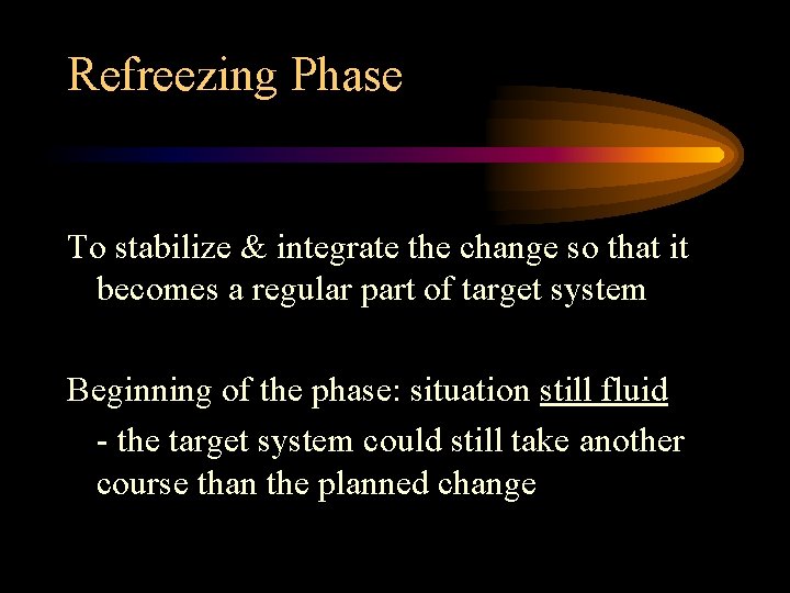 Refreezing Phase To stabilize & integrate the change so that it becomes a regular