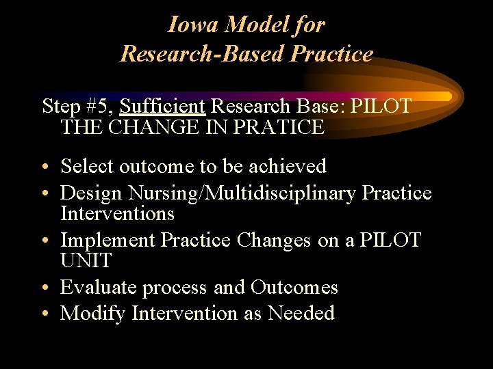 Iowa Model for Research-Based Practice Step #5, Sufficient Research Base: PILOT THE CHANGE IN